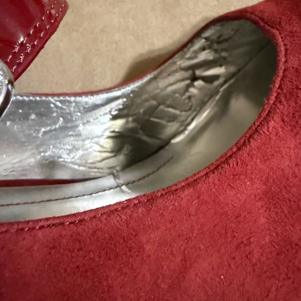 Women’s Red Suede Patent Leather Mary Jane Heels | Size 7.5 | Buckle Strap - Picture 7 of 10